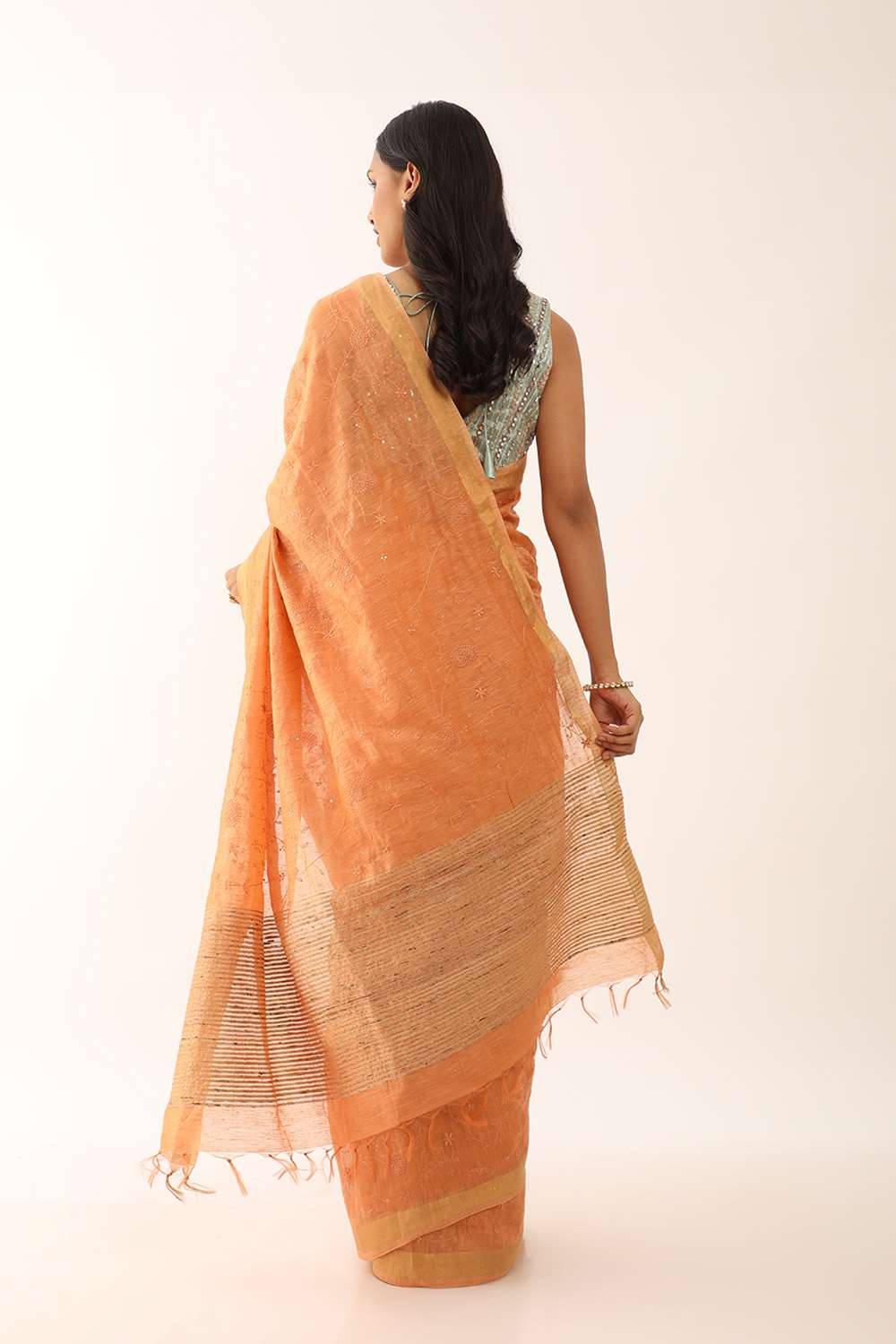 Orange Bhagalpur Pure Silk Linen Embroidered Saree image number null