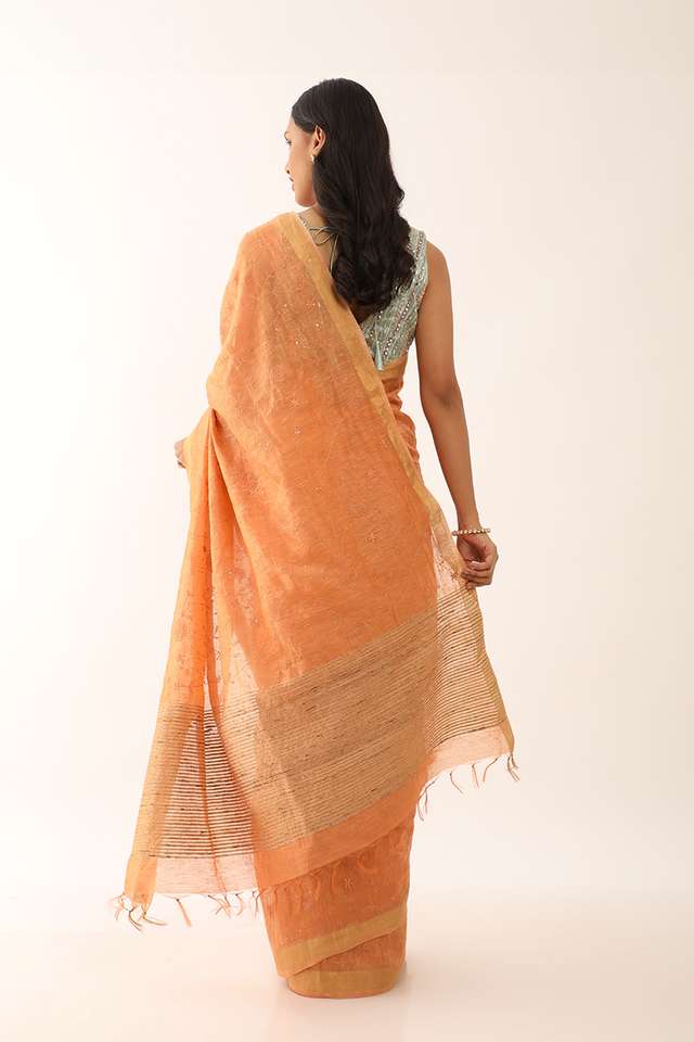 Orange Bhagalpur Pure Silk Linen Embroidered Saree thumbnail image number null