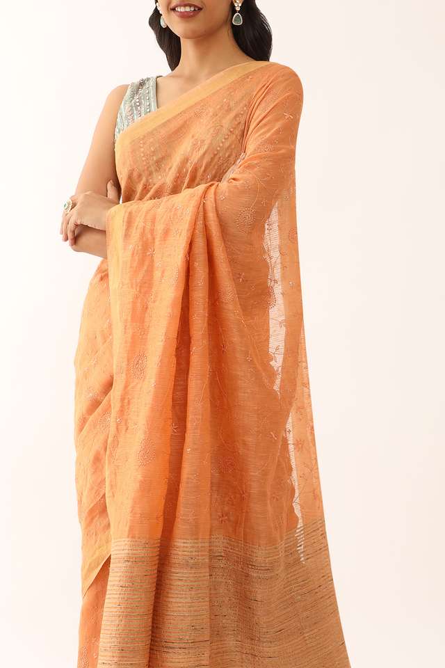 Orange Bhagalpur Pure Silk Linen Embroidered Saree thumbnail image number null