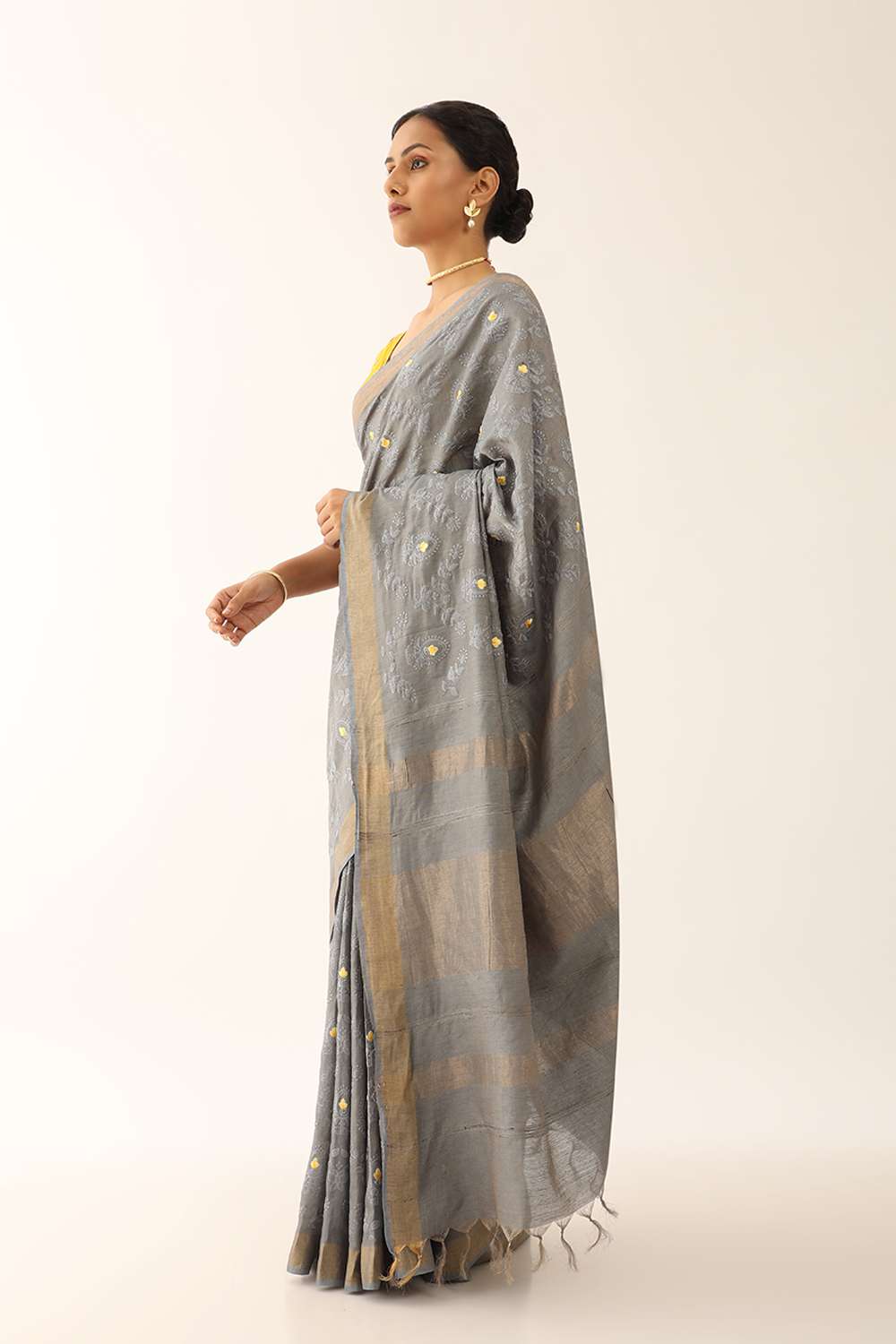 Grey Bhagalpur Pure Silk Tissue Embroidered Saree image number null