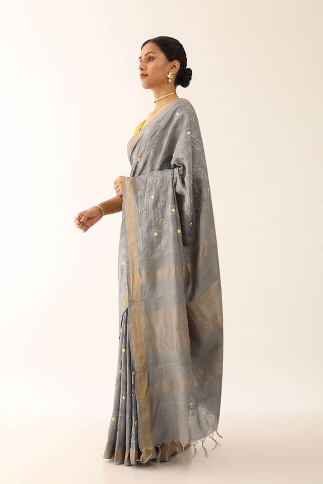 Grey Bhagalpur Pure Silk Tissue Embroidered Saree thumbnail image number null