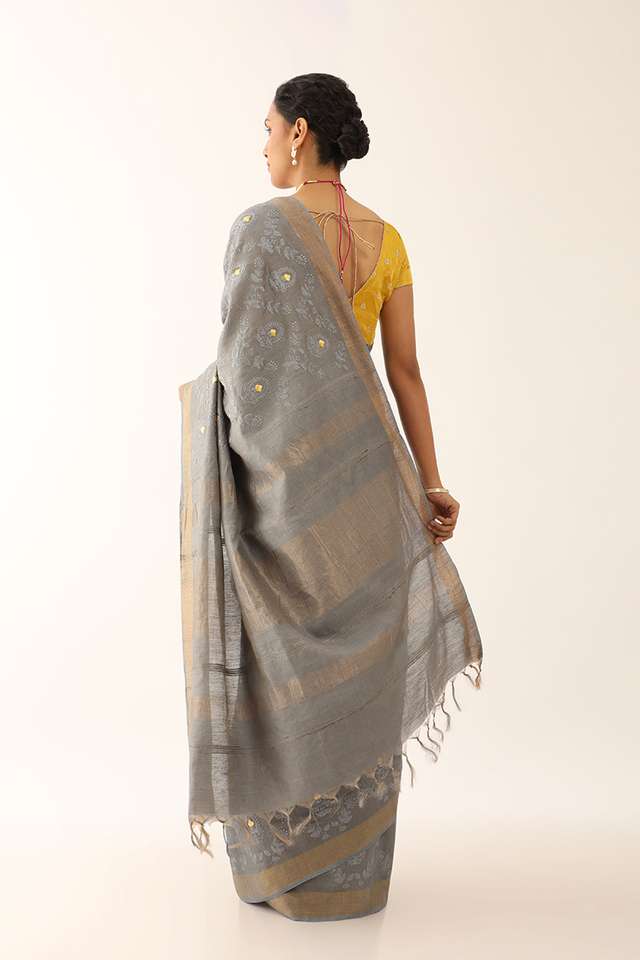 Grey Bhagalpur Pure Silk Tissue Embroidered Saree thumbnail image number null