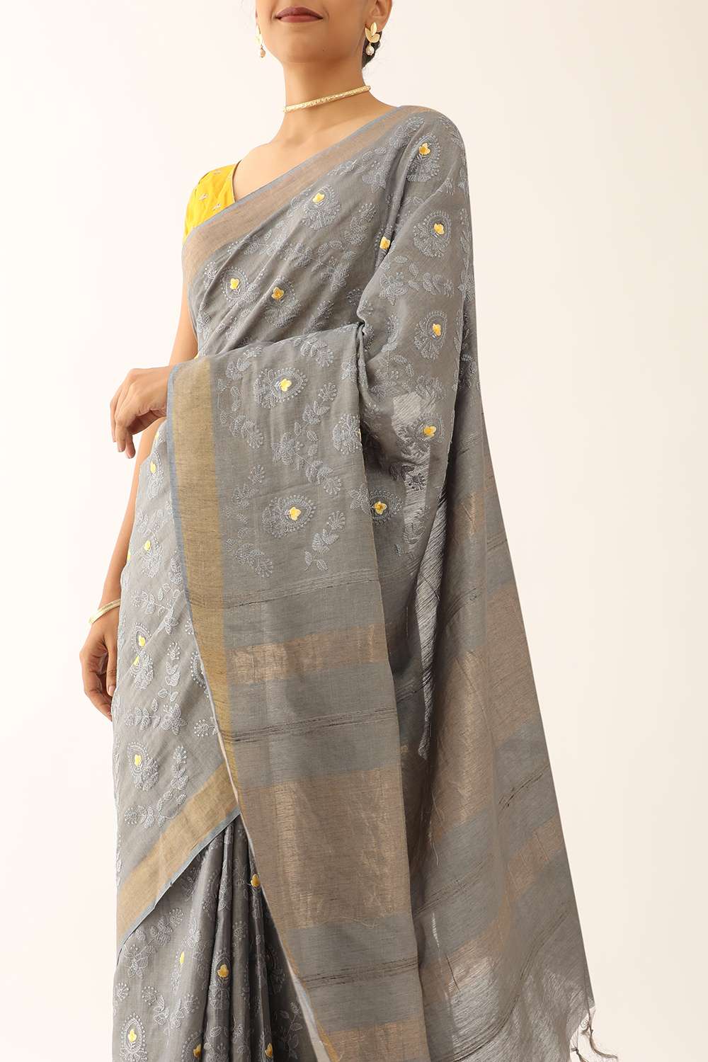 Grey Bhagalpur Pure Silk Tissue Embroidered Saree image number null