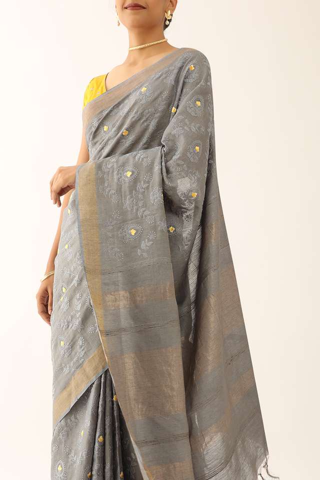 Grey Bhagalpur Pure Silk Tissue Embroidered Saree thumbnail image number null