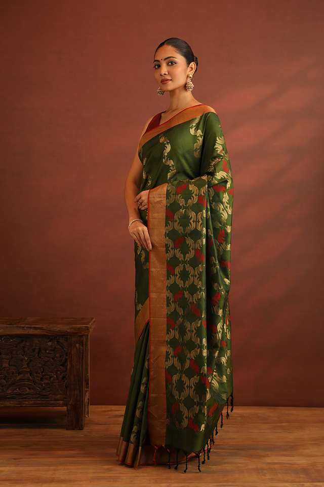 Dark Green Woven Pure Soft Silk Saree thumbnail image number null