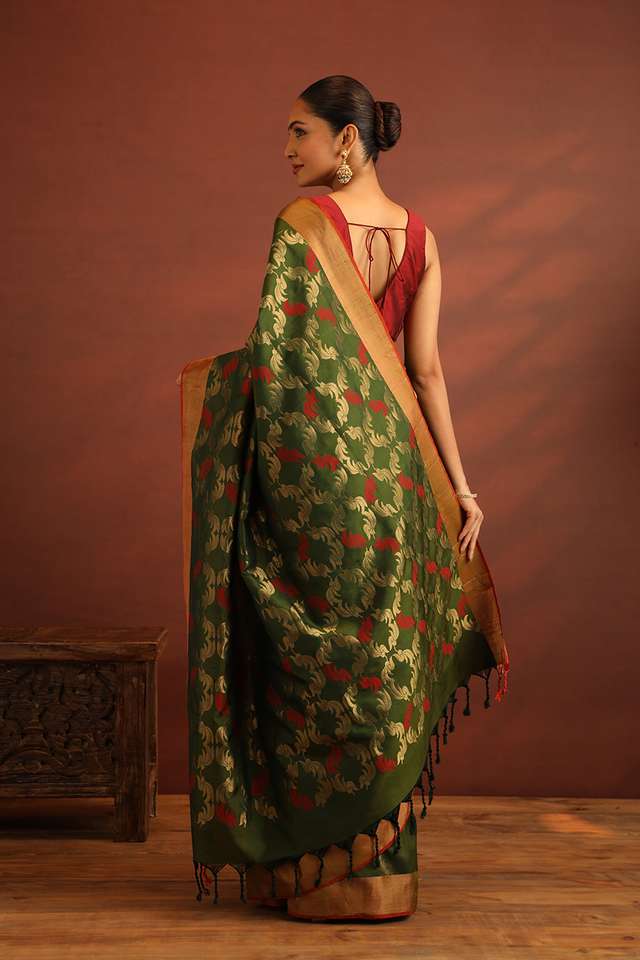 Dark Green Woven Pure Soft Silk Saree thumbnail image number null