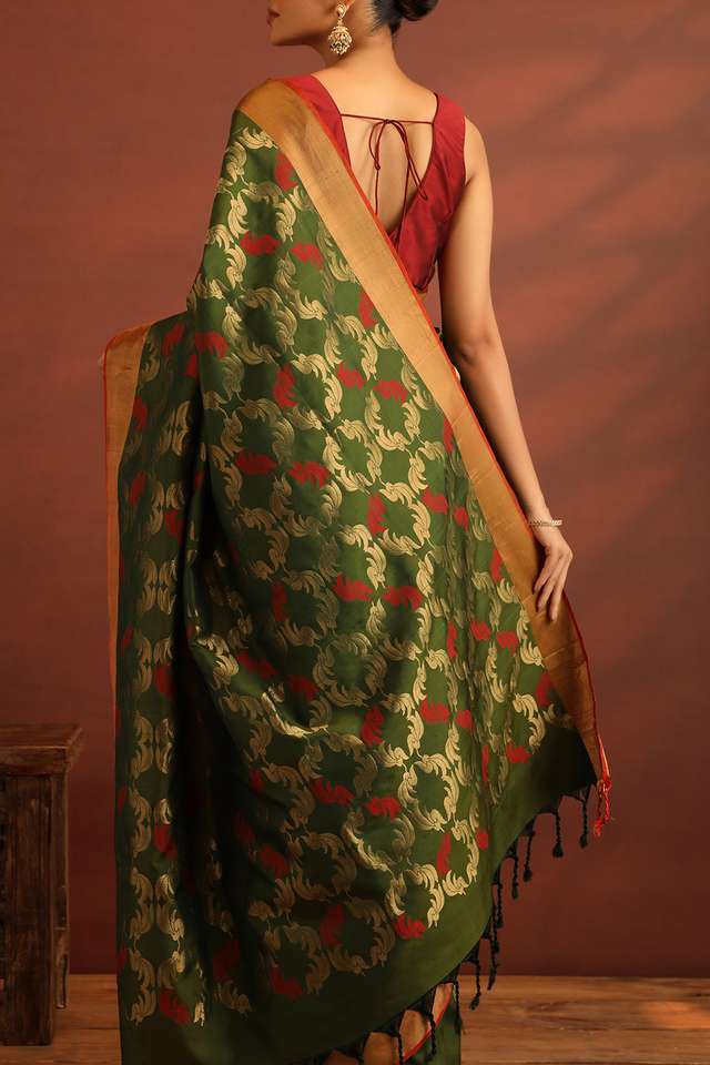 Dark Green Woven Pure Soft Silk Saree thumbnail image number null