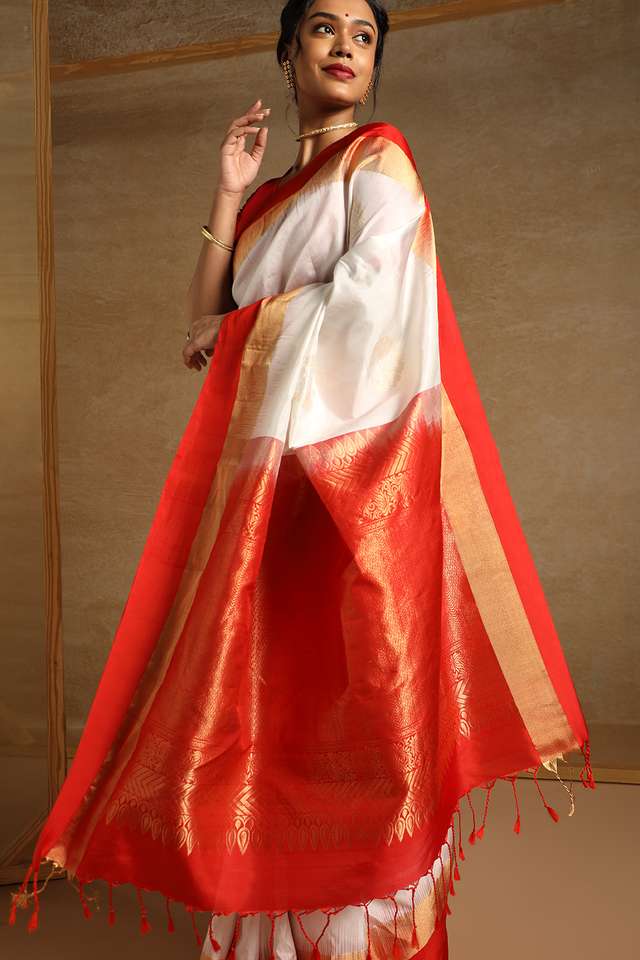 Off White Pure Soft Silk Saree image number