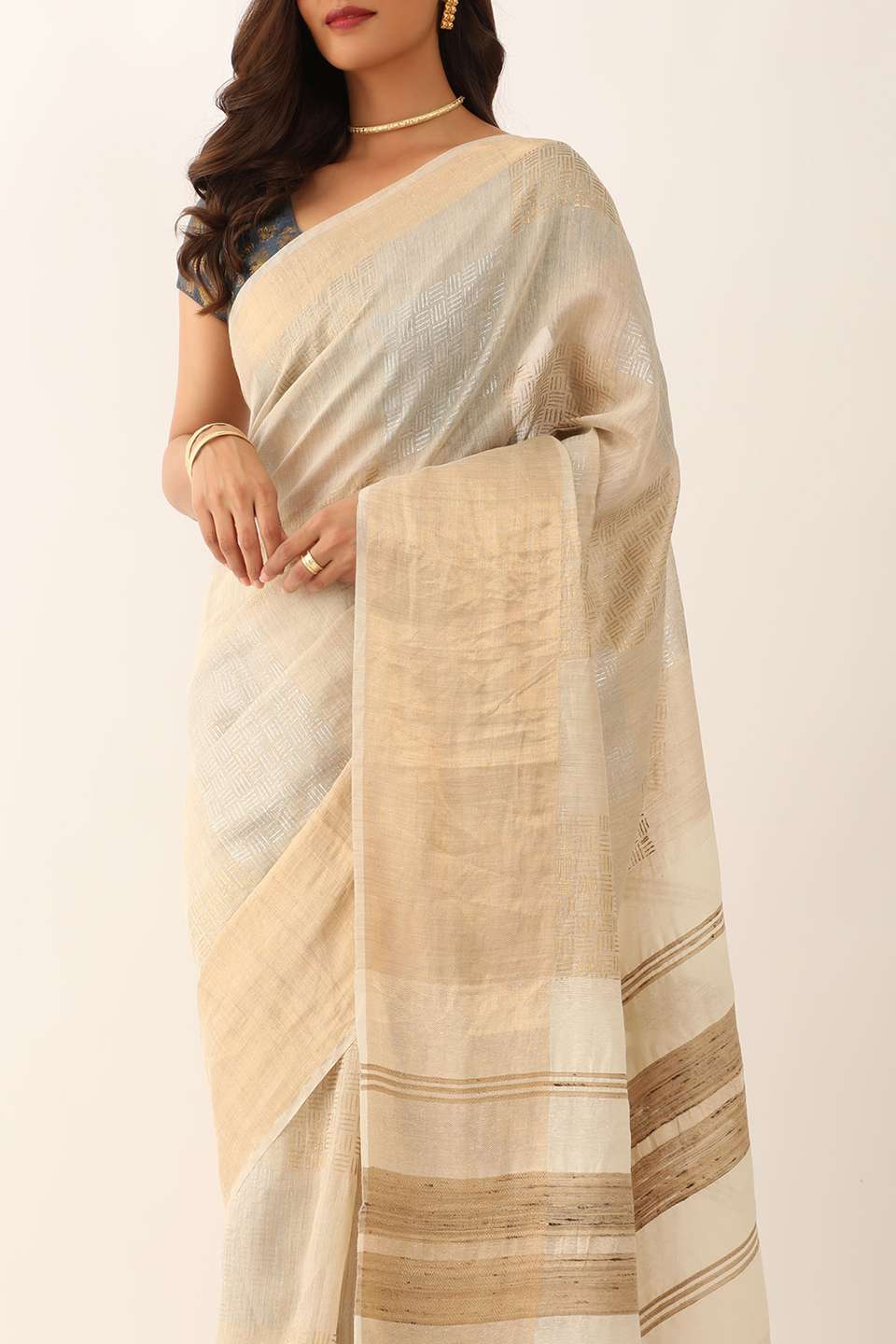 Beige Tussar Silk Block Print Saree