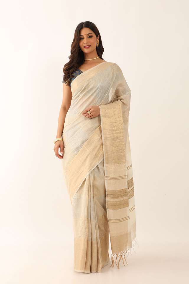 Beige Tussar Silk Block Print Saree thumbnail image number null