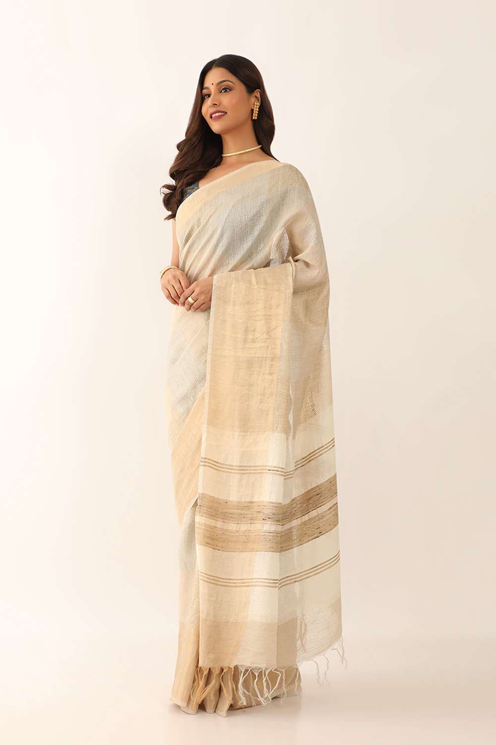 Beige Tussar Silk Block Print Saree image number null