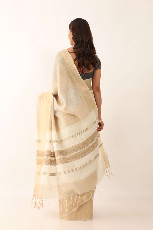 Beige Tussar Silk Block Print Saree thumbnail image number null