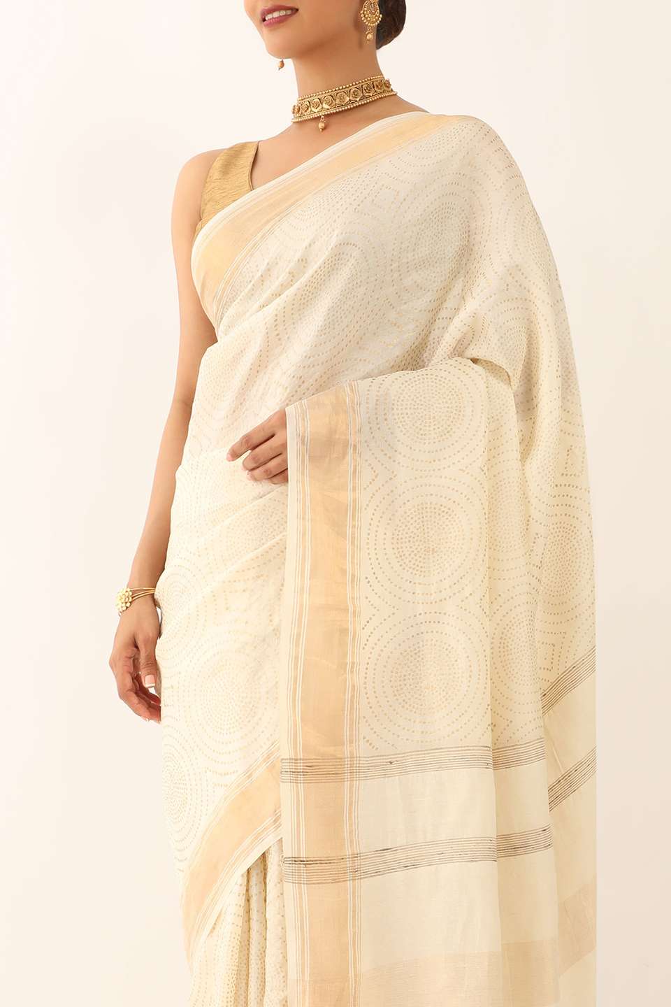 Off White Tussar Block Print Saree