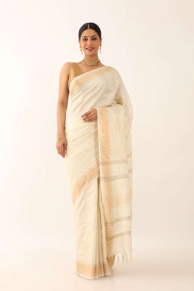 Off White Tussar Block Print Saree thumbnail image number null