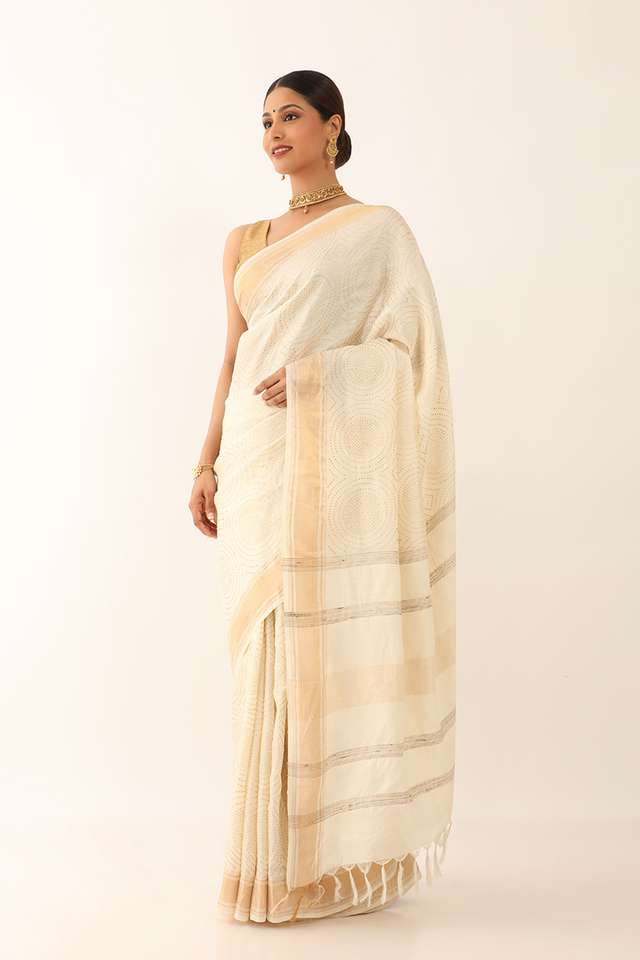 Off White Tussar Block Print Saree thumbnail image number null