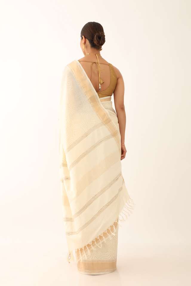 Off White Tussar Block Print Saree thumbnail image number null