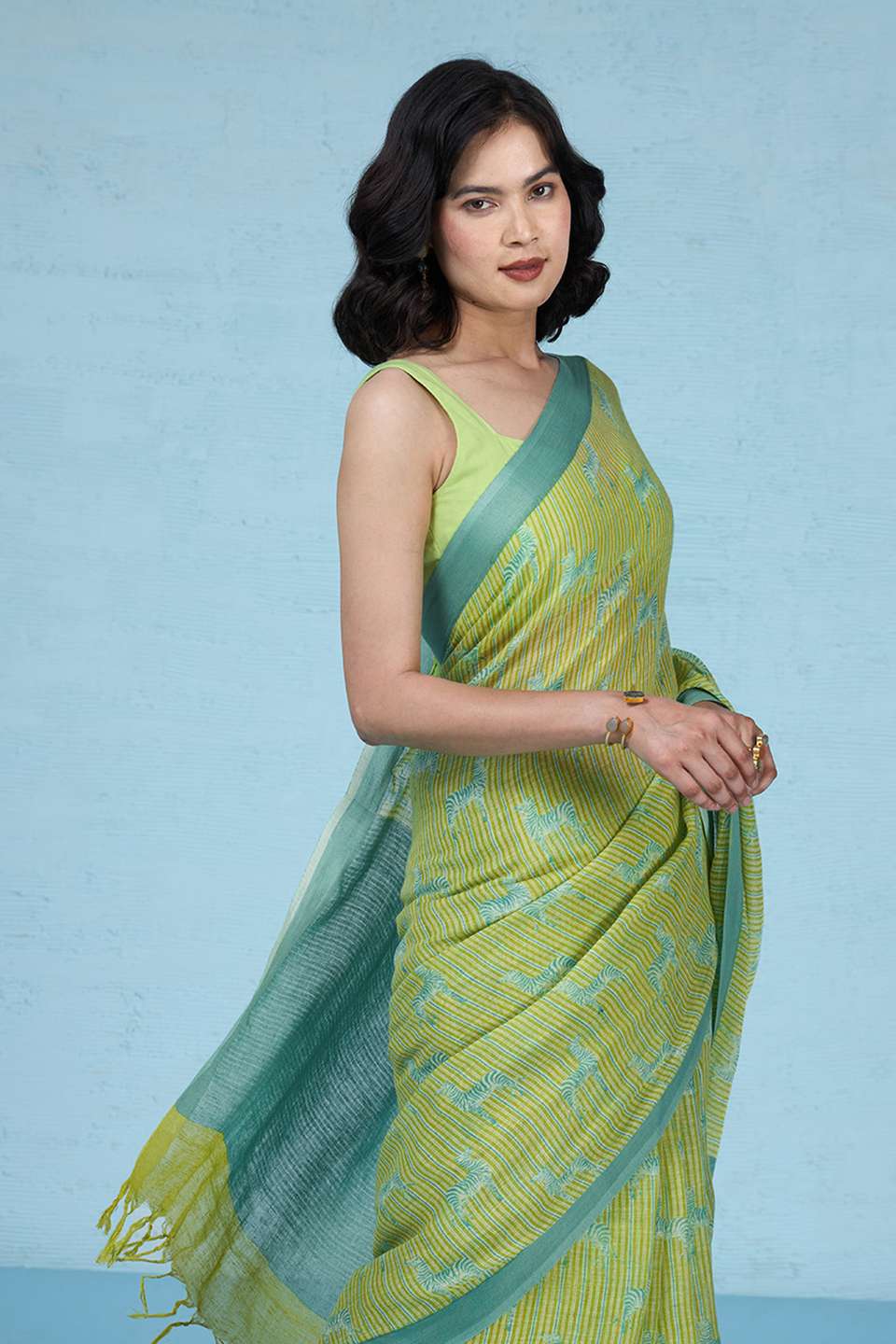 Yellow Screen Printed Pure Linen Saree