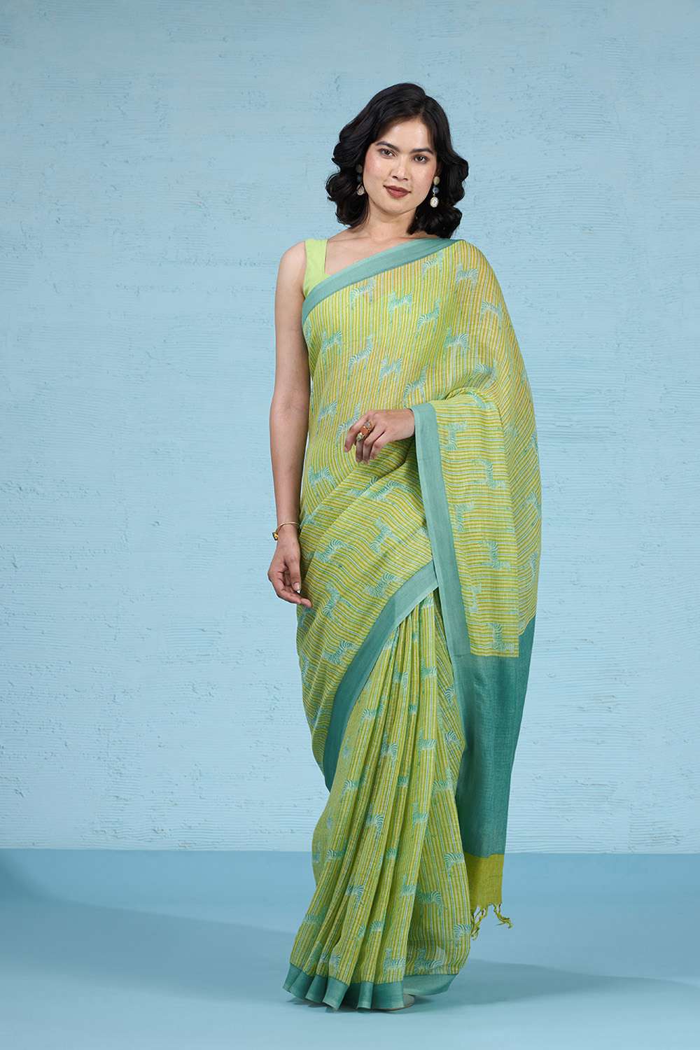 Yellow Screen Printed Pure Linen Saree image number null
