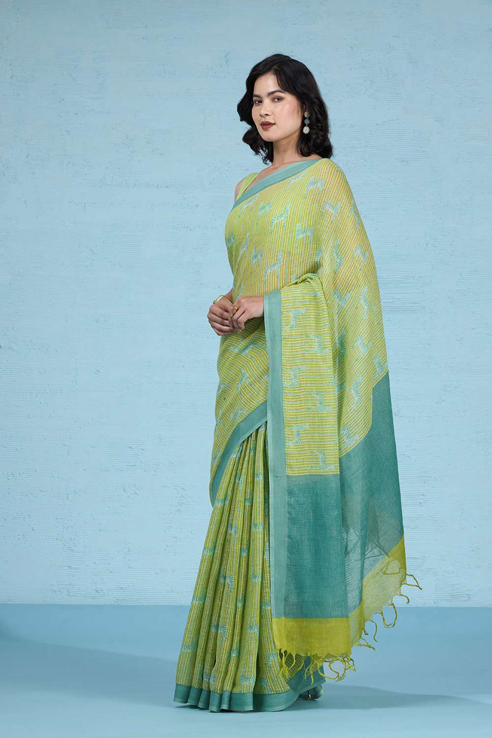 Yellow Screen Printed Pure Linen Saree image number null