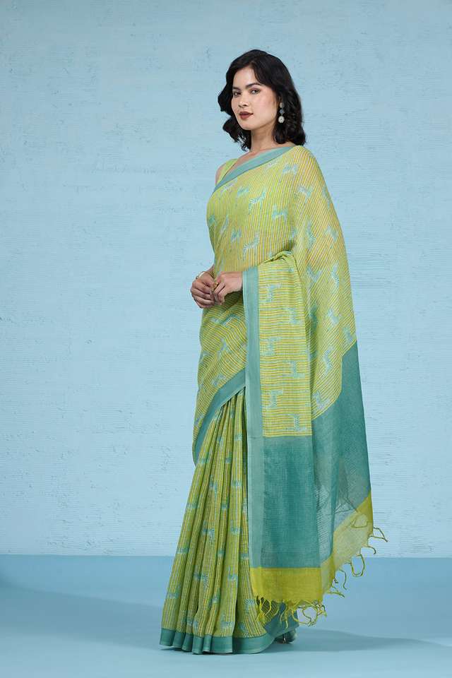 Yellow Screen Printed Pure Linen Saree thumbnail image number null