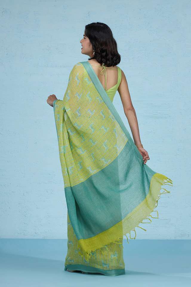 Yellow Screen Printed Pure Linen Saree thumbnail image number null