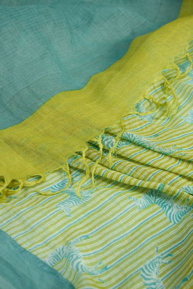 Yellow Screen Printed Pure Linen Saree thumbnail image number null