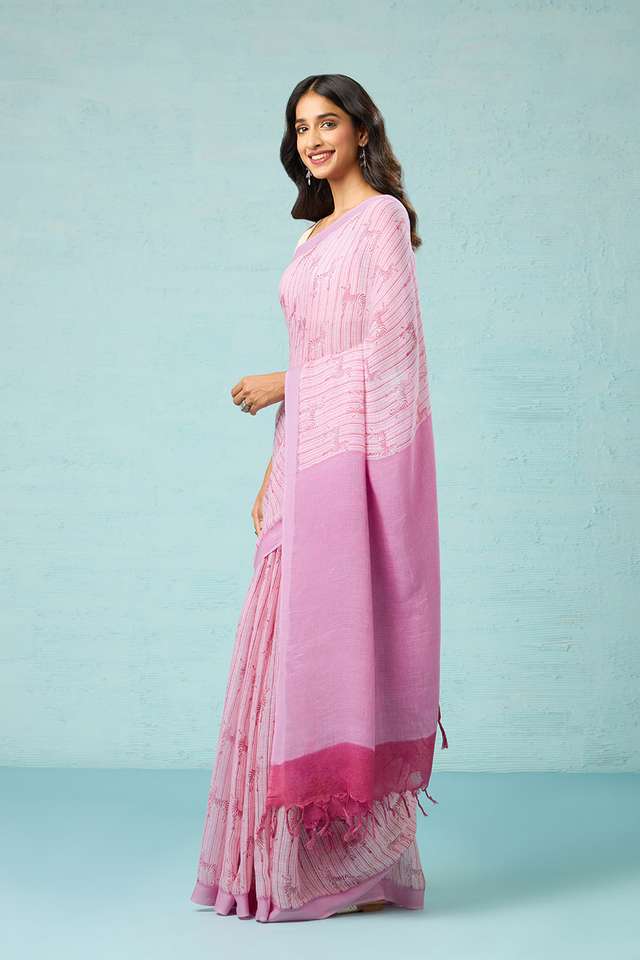 Pink Screen Printed Pure Linen Saree image number