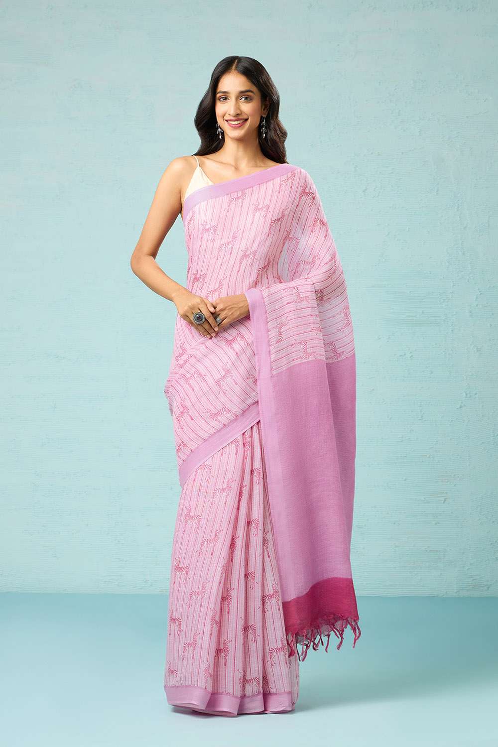Pink Screen Printed Pure Linen Saree image number null