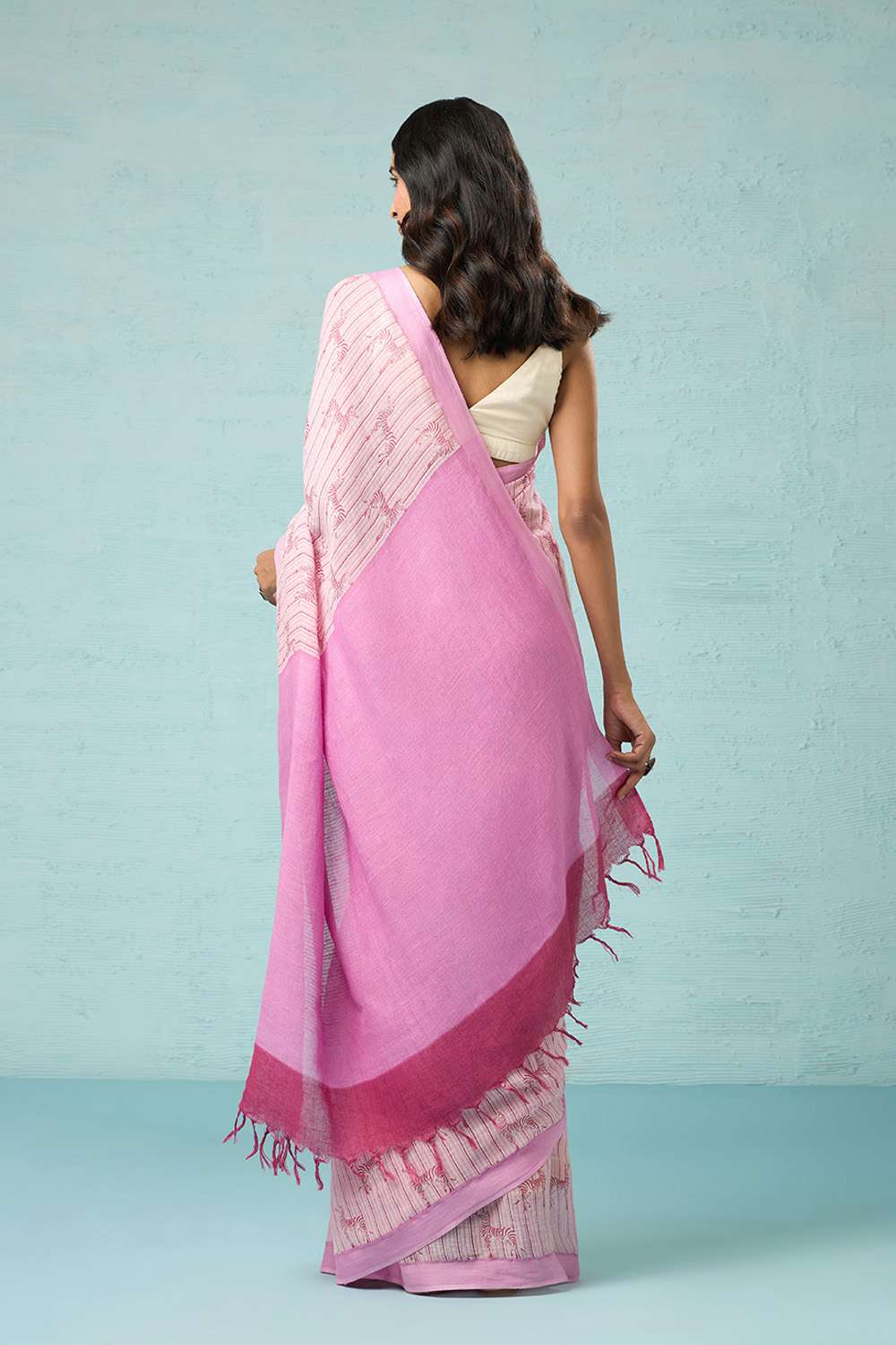 Pink Screen Printed Pure Linen Saree image number null