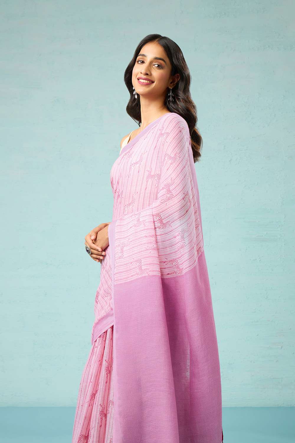 Pink Screen Printed Pure Linen Saree image number null