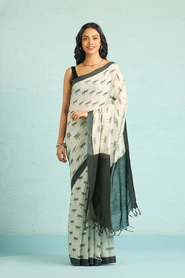 Off White Screen Printed Pure Linen Saree image number