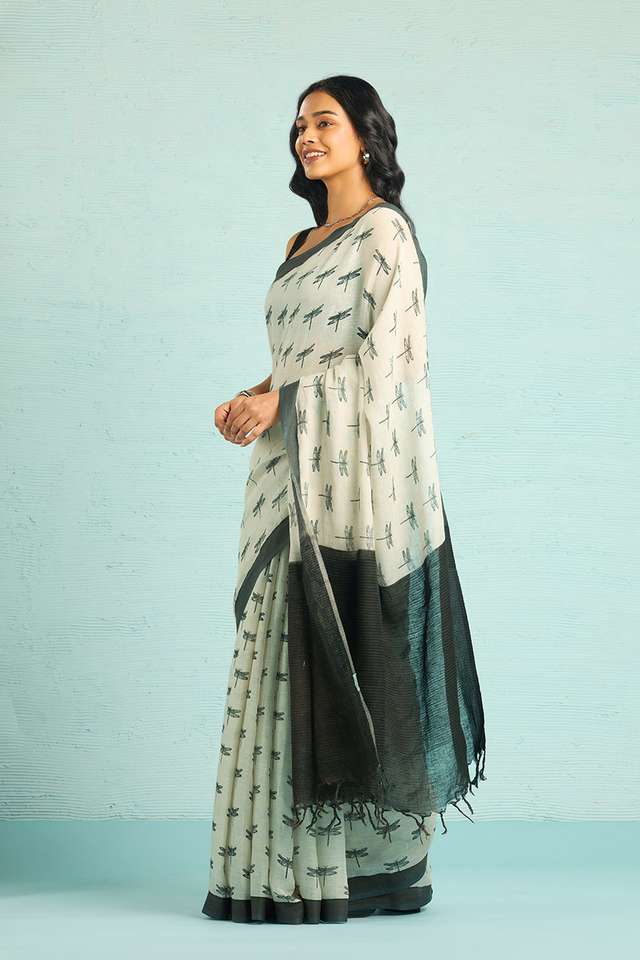 Off White Screen Printed Pure Linen Saree thumbnail image number null