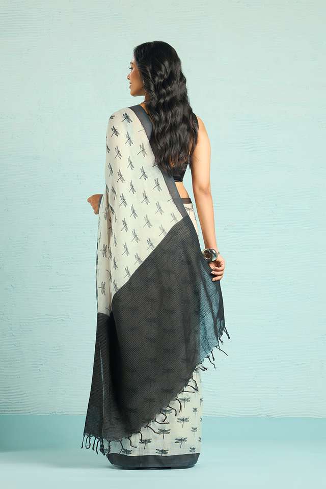 Off White Screen Printed Pure Linen Saree thumbnail image number null