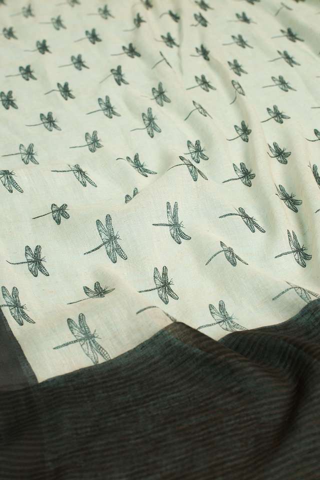 Off White Screen Printed Pure Linen Saree thumbnail image number null