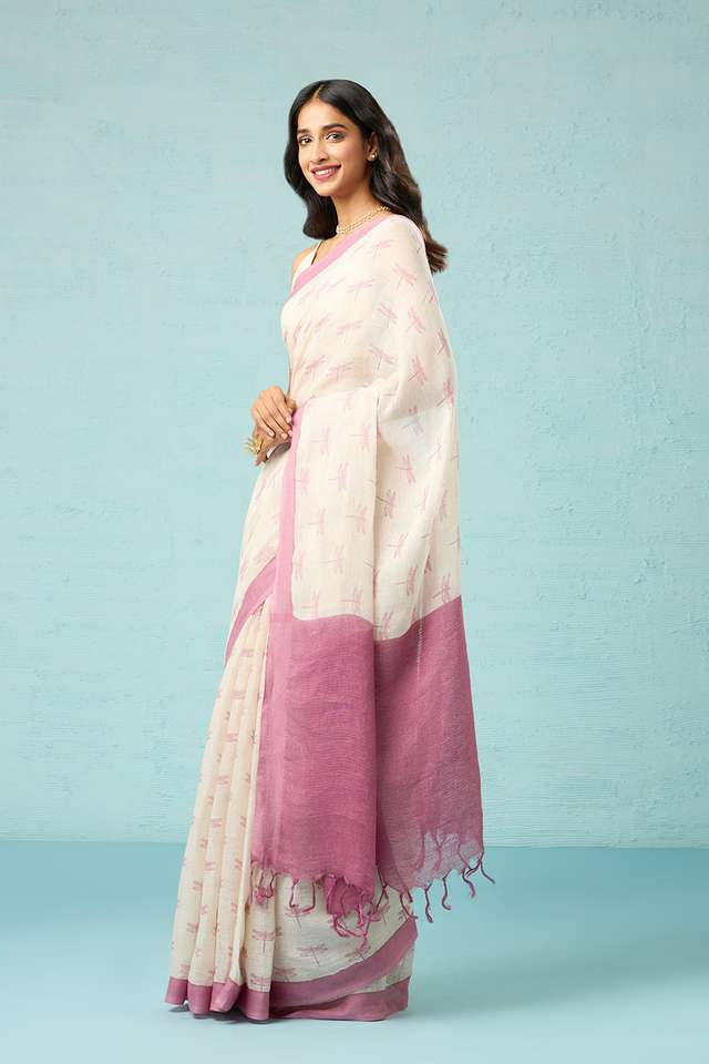 Off White Screen Printed Pure Linen Saree image number