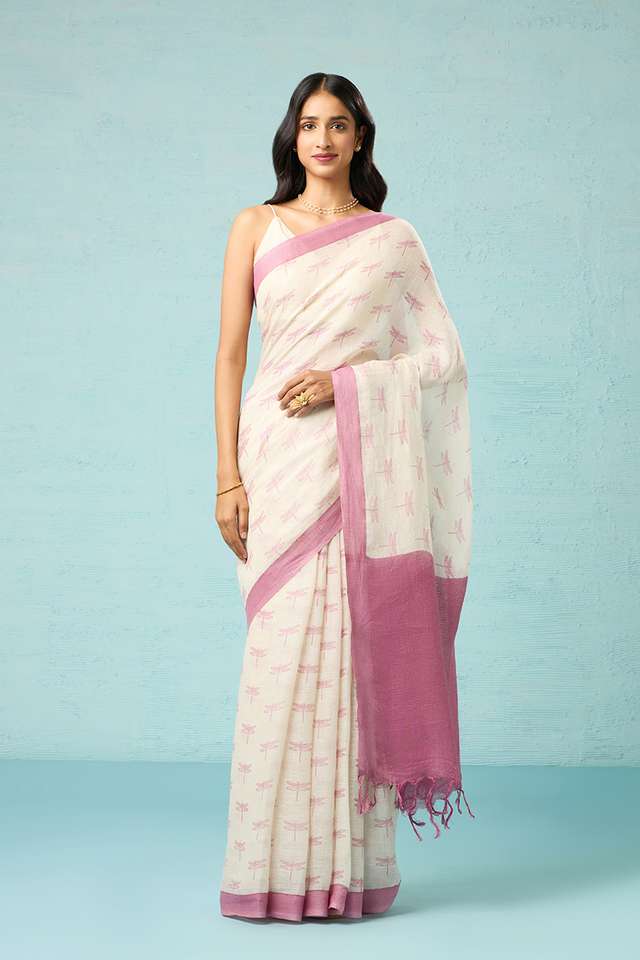 Off White Screen Printed Pure Linen Saree thumbnail image number null