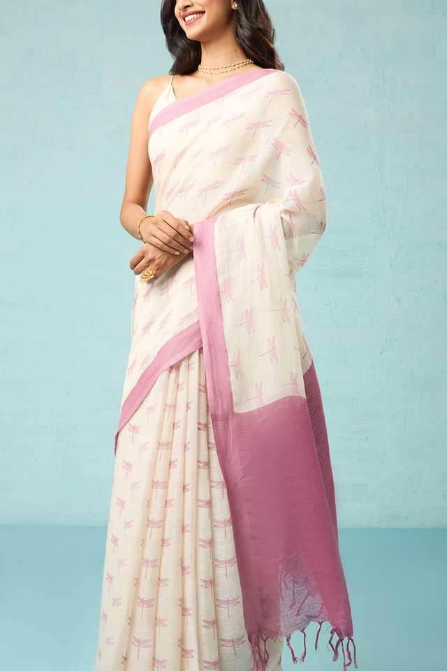 Off White Screen Printed Pure Linen Saree thumbnail image number null