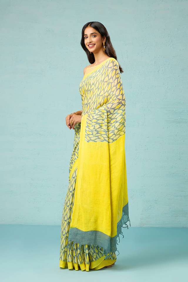 Grey Screen Printed Pure Linen Saree thumbnail image number null