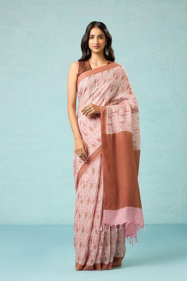 Pink Screen Printed Pure Linen Saree thumbnail image number null
