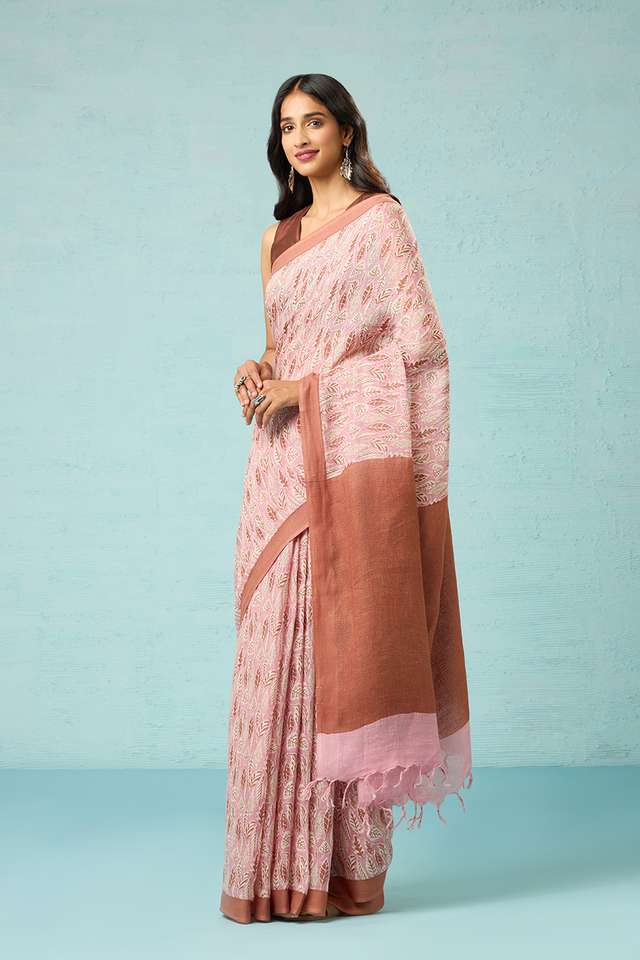 Pink Screen Printed Pure Linen Saree thumbnail image number null
