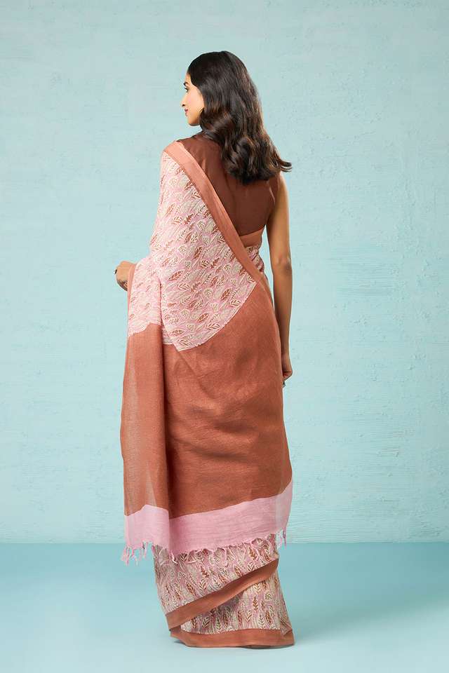 Pink Screen Printed Pure Linen Saree thumbnail image number null