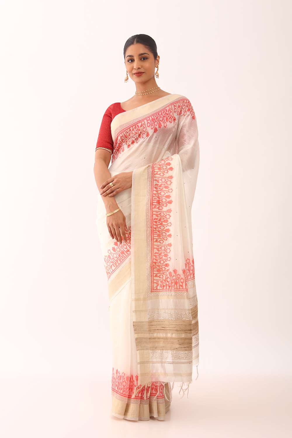 Off White Printed Embroidery Silk Tencel Bengali Saree image number null