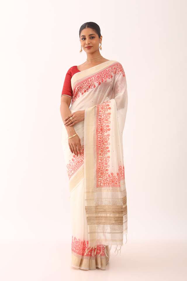 Off White Printed Embroidery Silk Tencel Bengali Saree thumbnail image number null