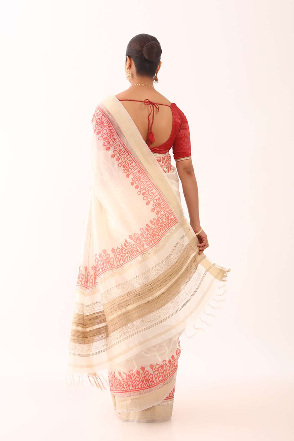 Off White Printed Embroidery Silk Tencel Bengali Saree image number null