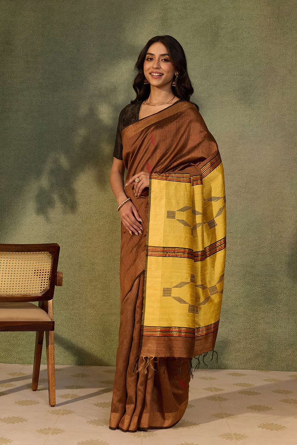 Brown Bhagalpur Woven Pure Silk Saree image number null
