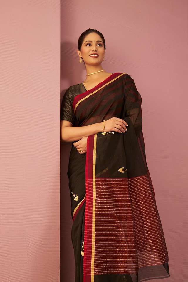 Black Woven Pure Silk Cotton Chanderi Saree image number