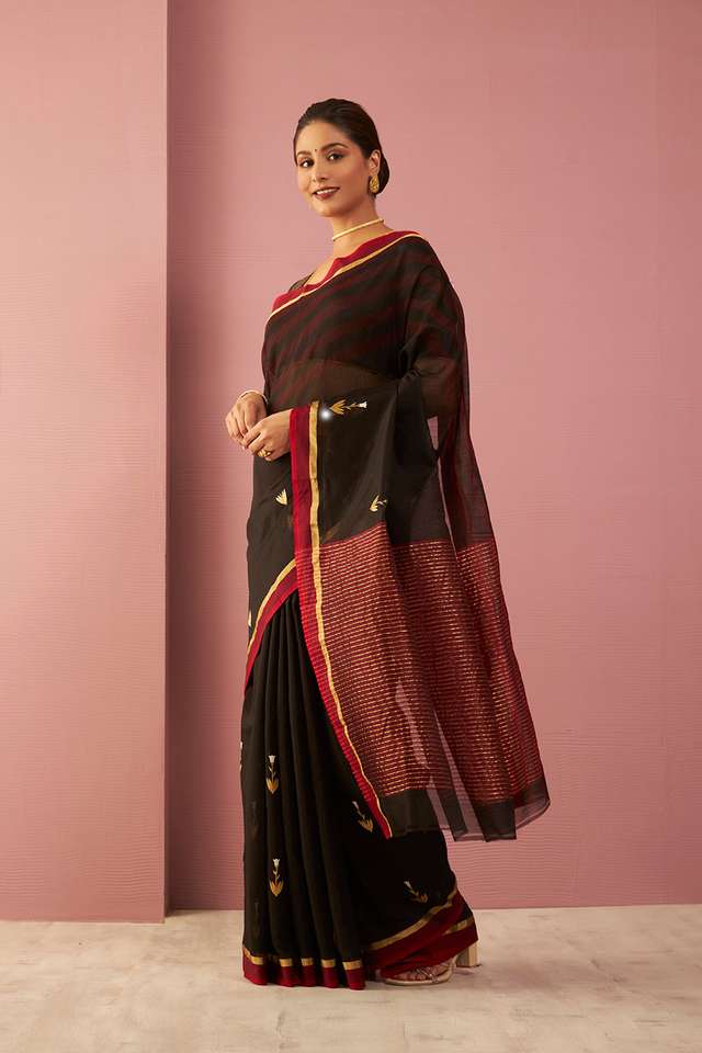 Black Woven Pure Silk Cotton Chanderi Saree thumbnail image number null