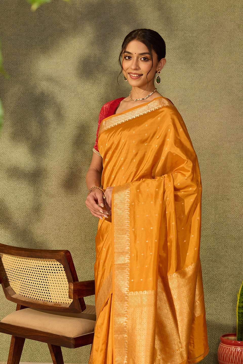 Dark Yellow Silk Viscose Cutwork Banaras Inspired Design Saree