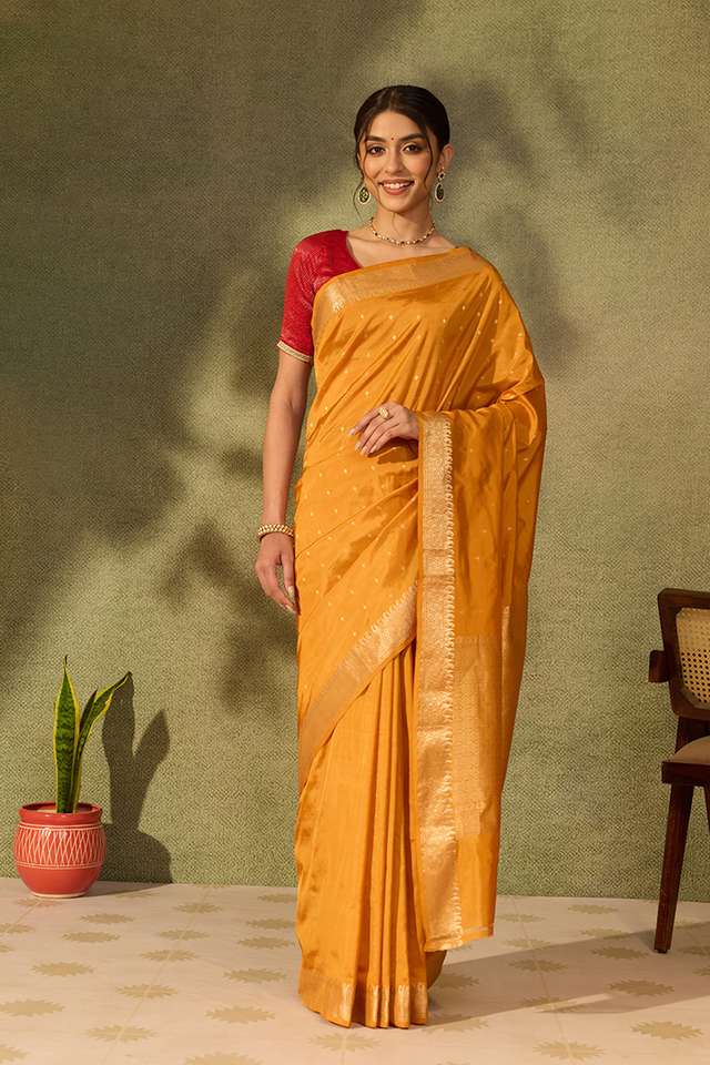 Dark Yellow Silk Viscose Cutwork Banaras Inspired Design Saree thumbnail image number null