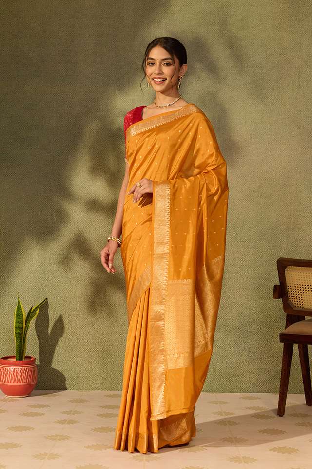 Dark Yellow Silk Viscose Cutwork Banaras Inspired Design Saree thumbnail image number null